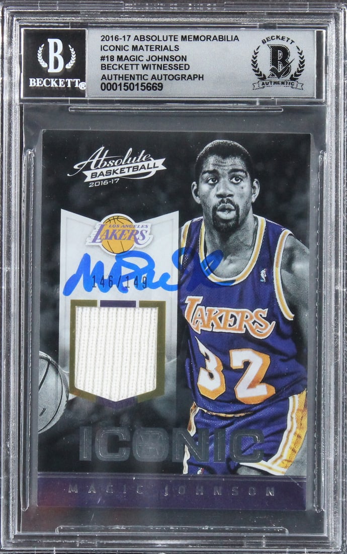 2016 Absolute Iconic Materials Card Signed by Magic Johnson Auto 10 BAS #18 #146/149: 2016 Absolute Iconic Materials Card Signed by Magic Johnson Auto 10 BAS #18 #146/149 This 2016 Absolute Memorabilia Iconic Materials #18 card, serial numbered 146 out of 149, features the autograph of