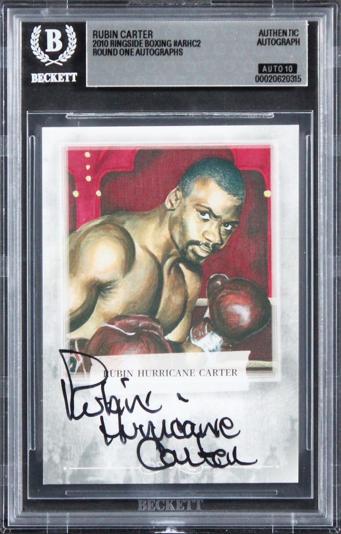 Rubin Carter 2010 Ringside Boxing ARHC2 Autograph Card Beckett Auto Grade 10: Rubin Carter 2010 Ringside Boxing ARHC2 Autograph Card Beckett Auto Grade 10 Original 2010 Ringside Boxing Round One Autographs #ARHC2 card signed by Rubin Carter. The autograph has been authenticated