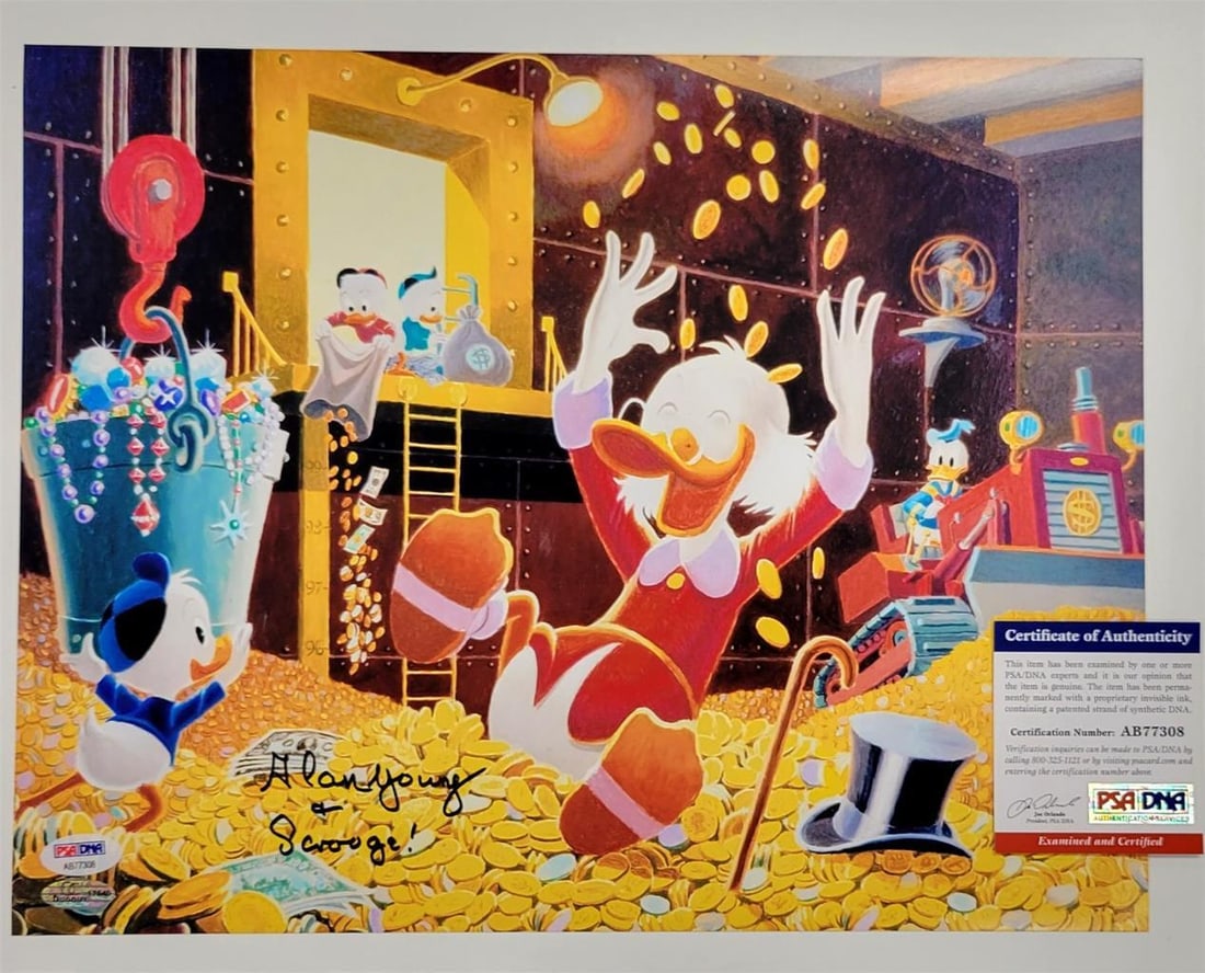 Signed 11x14 Duck Tales Photo Alan Young PSA DNA Authenticated: Signed 11x14 Duck Tales Photo Alan Young PSA DNA Authenticated Signed 11x14 original DuckTales photograph featuring Alan Young, the voice of Scrooge McDuck. This pre-owned piece includes PSA/DNA autog