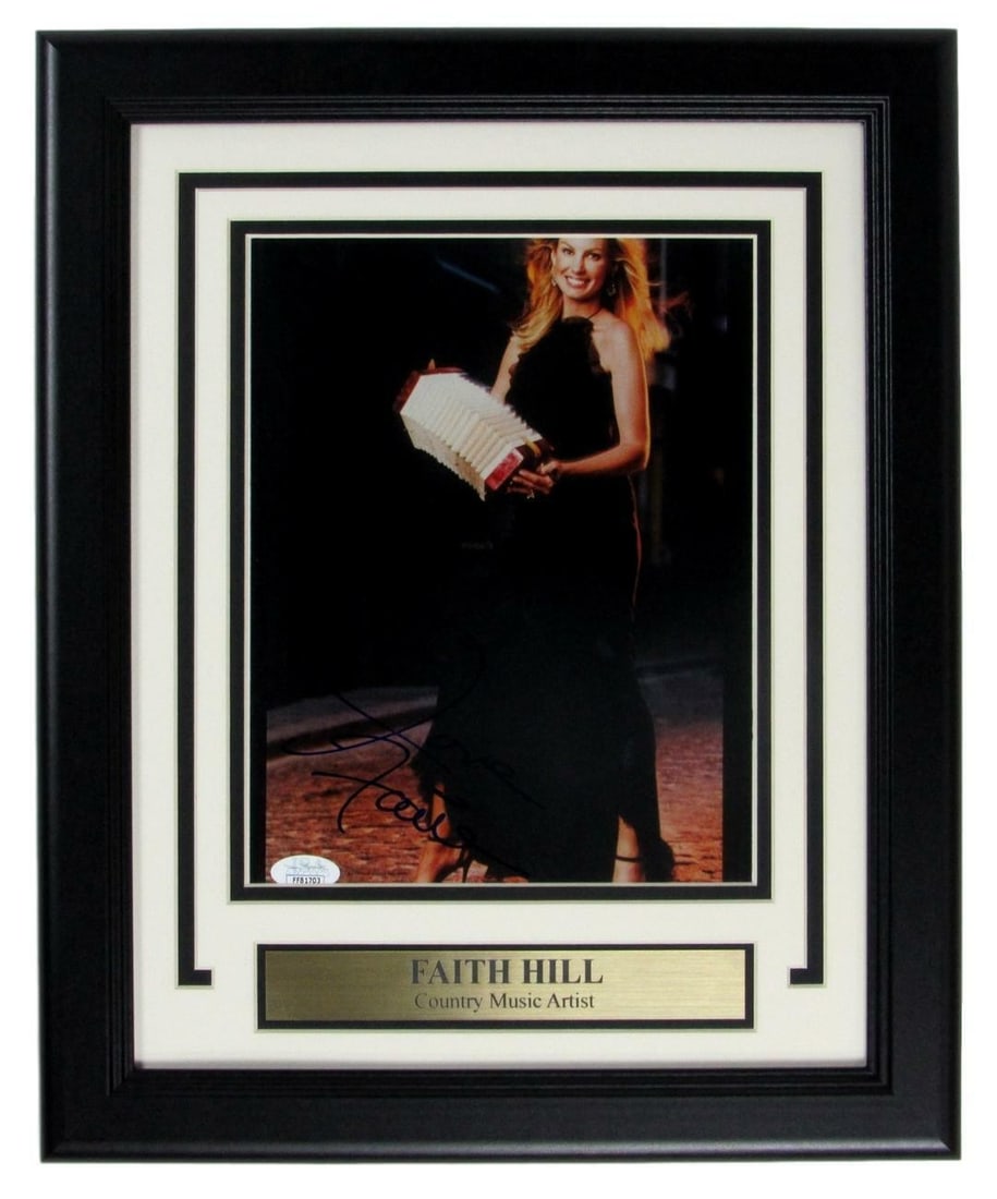 Framed 8x10 Faith Hill Signed Photo with JSA Authentication: Framed 8x10 Faith Hill Signed Photo with JSA Authentication This framed 8x10 photo features the authentic autograph of Faith Hill. The photograph is professionally framed and comes with authentication