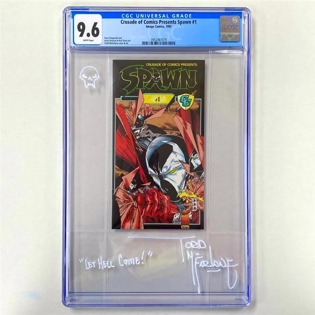 Spawn 1 CGC 9.6 Mini Comic Signed and Inscribed by Todd McFarlane with COA: Spawn 1 CGC 9.6 Mini Comic Signed and Inscribed by Todd McFarlane with COA This is an original 1992 Spawn #1 mini comic book, signed and inscribed by Todd McFarlane. The comic is graded 9.6 Near Mint+