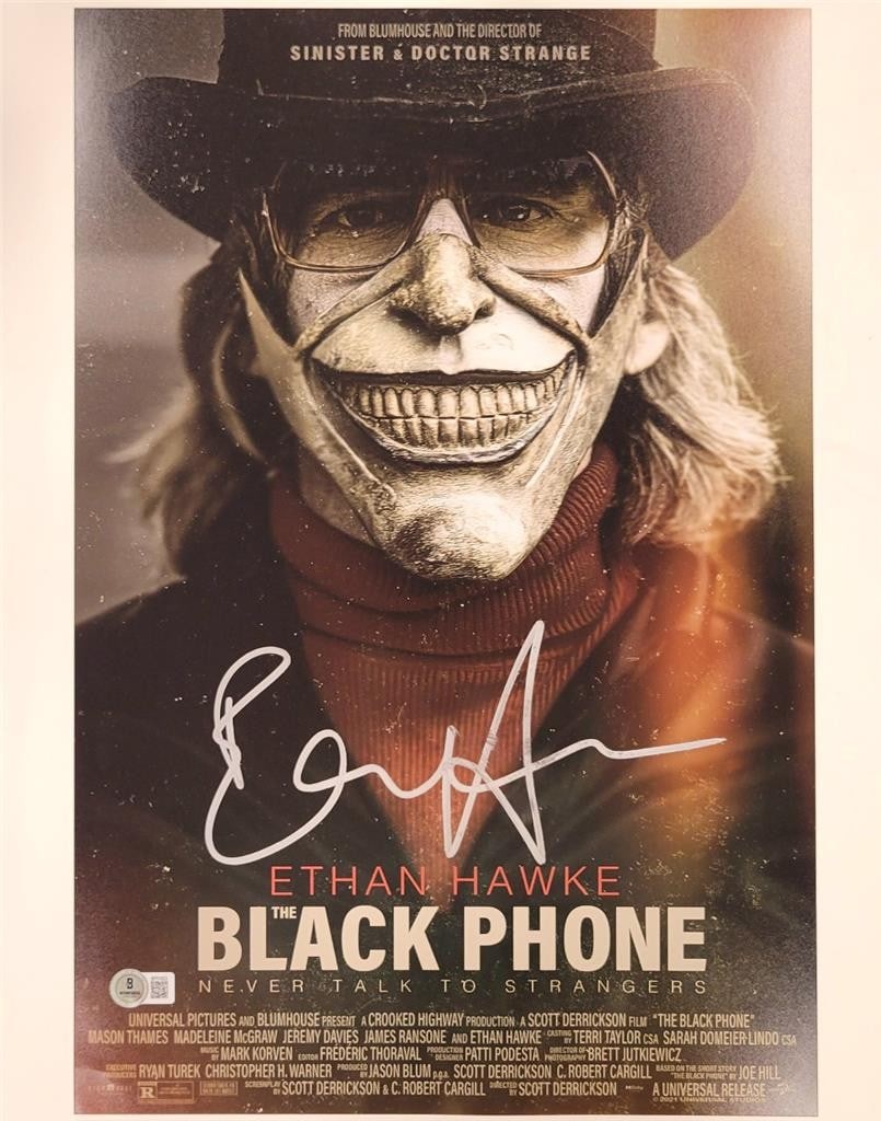 Ethan Hawke autographed 12x18 The Black Phone photo with Beckett authentication: Ethan Hawke autographed 12x18 The Black Phone photo with Beckett authentication This is an original 12x18 photograph poster from The Black Phone, signed by Ethan Hawke. The autograph is authenticated 
