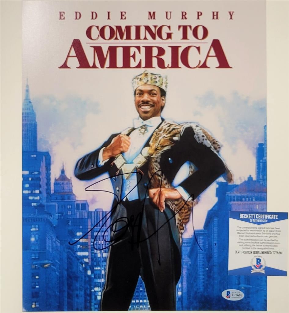 Signed 11x14 Coming to America Photo Eddie Murphy Beckett Authenticated: Signed 11x14 Coming to America Photo Eddie Murphy Beckett Authenticated This is an original 11x14 photograph from the film "Coming to America" signed by Eddie Murphy. The autograph has been authentica