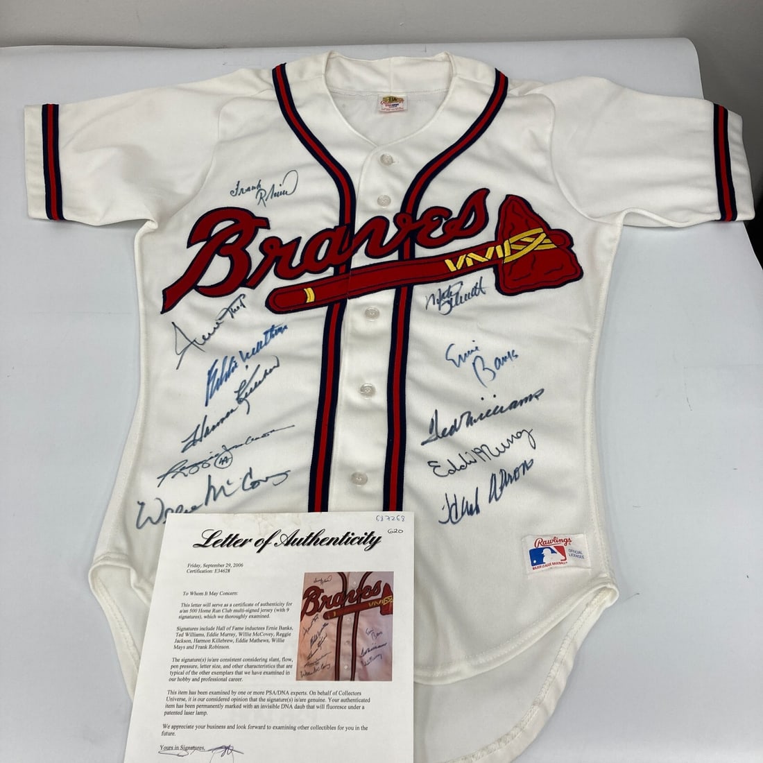 Rawlings Atlanta Braves 500 Home Run Club signed jersey PSA DNA COA: Rawlings Atlanta Braves 500 Home Run Club signed jersey PSA DNA COA This Rawlings Atlanta Braves baseball jersey is signed by members of the 500 Home Run Club and comes with PSA autograph authenticati