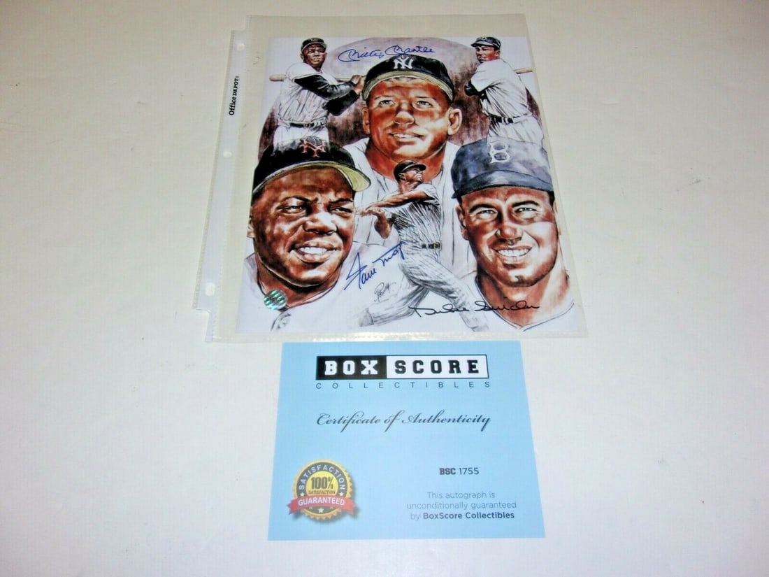 Signed 8x10 Photo with COA Featuring Mays Mantle and Snider Legends: Signed 8x10 Photo with COA Featuring Mays Mantle and Snider Legends This is an original 8x10 photograph featuring baseball Hall of Famers Willie Mays, Mickey Mantle, and Duke Snider. The photo is hand