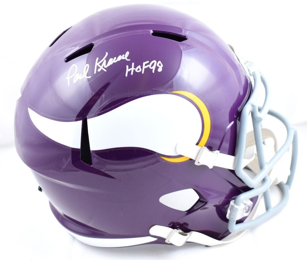 Minnesota Vikings Full Size Speed Helmet Signed by Paul Krause Beckett Hologram: Minnesota Vikings Full Size Speed Helmet Signed by Paul Krause Beckett Hologram Pre-owned full-size Speed helmet featuring an autograph from Paul Krause and Minnesota Vikings styling. This football co