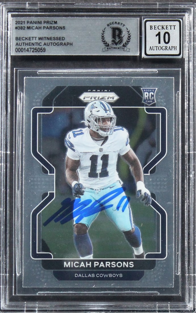Micah Parsons 2021 Panini Prizm 382 Rookie Auto Beckett 10 Slab: Micah Parsons 2021 Panini Prizm 382 Rookie Auto Beckett 10 Slab Original 2021 Panini Prizm #382 rookie card signed by Micah Parsons and slabbed by Beckett Authentication Services. The autograph is gra