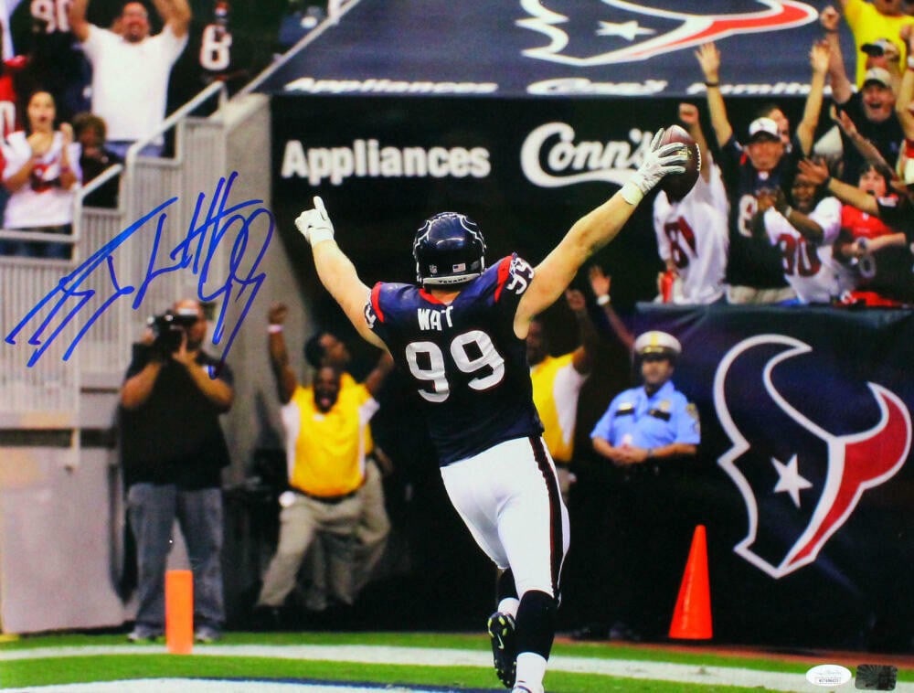 16x20 Horizontal Signed JJ Watt Houston Texans Photo JSA W Auth: 16x20 Horizontal Signed JJ Watt Houston Texans Photo JSA W Auth Autographed horizontal 16x20 back-view photo featuring JJ Watt of the Houston Texans. This pre-owned football collectible is a display p