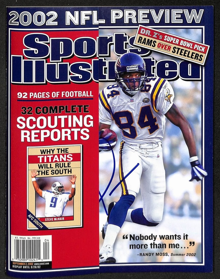 Autographed Randy Moss 2002 Sports Illustrated 1st Cover Newsstand JSA: Autographed Randy Moss 2002 Sports Illustrated 1st Cover Newsstand JSA Original Randy Moss Hall of Fame signed 2002 Sports Illustrated newsstand no label first cover photo. Pre-owned item from the Uni