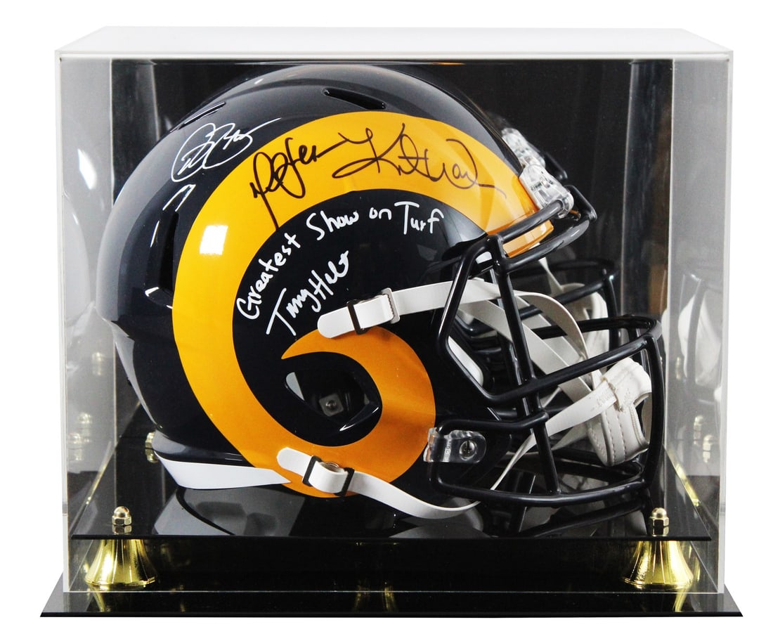 Los Angeles Rams F S Speed Rep Helmet Case BAS Witnessed 4 Signatures: Los Angeles Rams F S Speed Rep Helmet Case BAS Witnessed 4 Signatures Autographed 1981-99 throwback full-size Speed replica helmet with acrylic display case, signed by Isaac Bruce, Kurt Warner, and tw