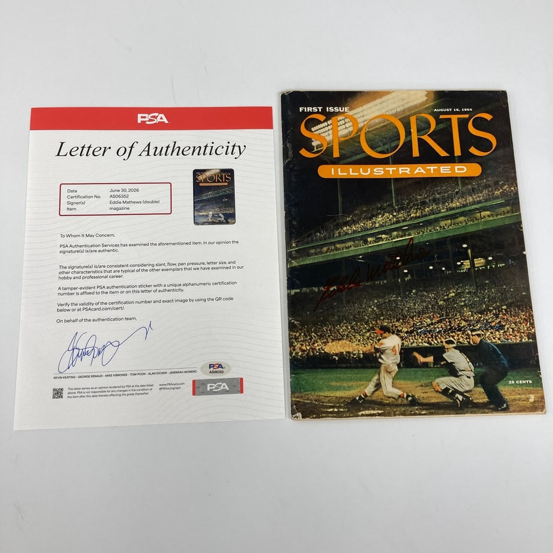 PSA DNA Certified Eddie Mathews Autographed Sports Illustrated August 16 1954: PSA DNA Certified Eddie Mathews Autographed Sports Illustrated August 16 1954 Original August 16, 1954 Sports Illustrated first issue featuring Eddie Mathews on the cover, signed twice by Eddie Mathew