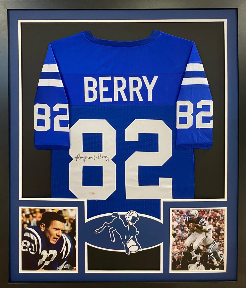 Framed Raymond Berry Autographed Jersey Baltimore Colts Leaf COA 42x34: Framed Raymond Berry Autographed Jersey Baltimore Colts Leaf COA 42x34 Autographed Raymond Berry framed jersey featuring Baltimore Colts and SMU details. Professionally presented with detailed framing