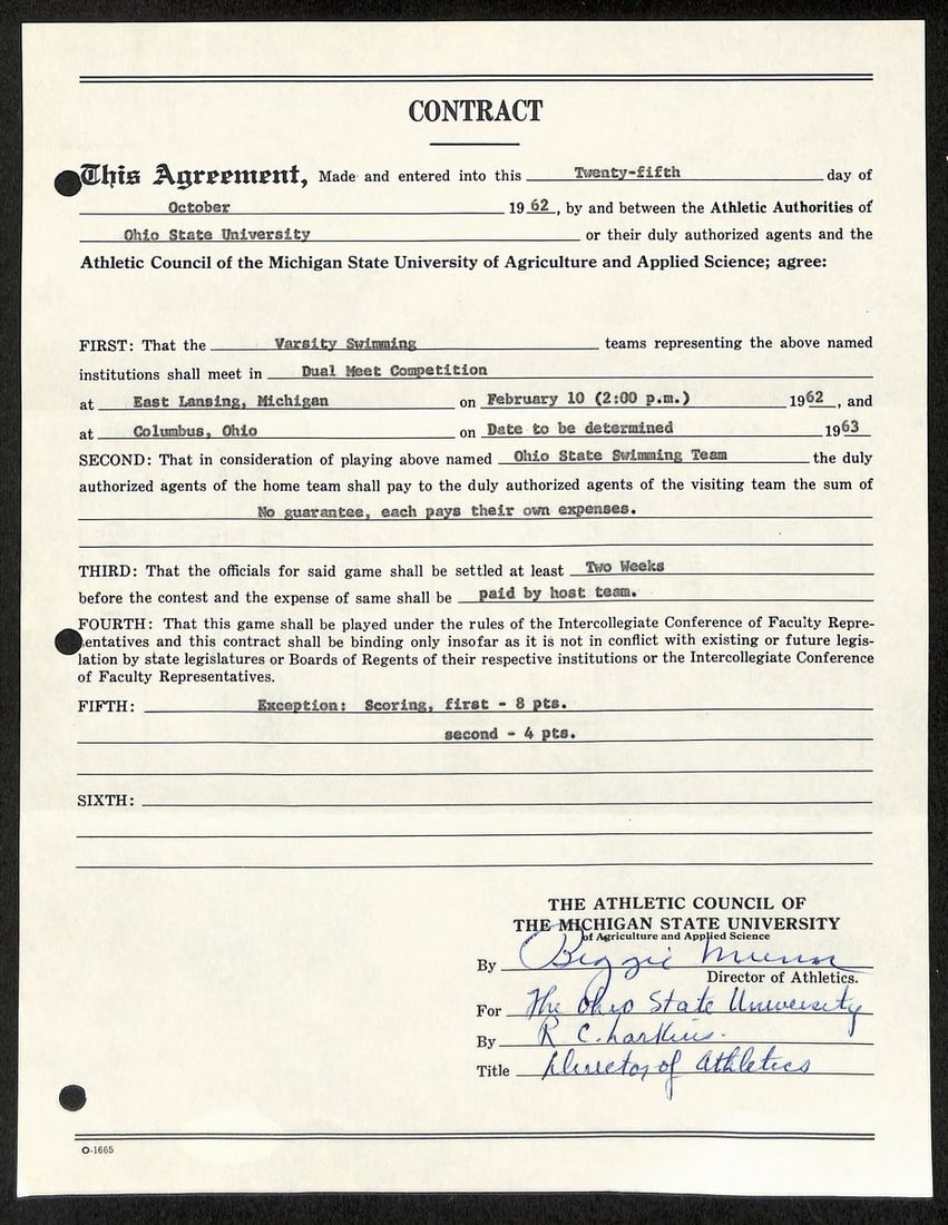 Signed Contract by Biggie Munn Michigan State Coach JSA Authenticated (1 of 2)