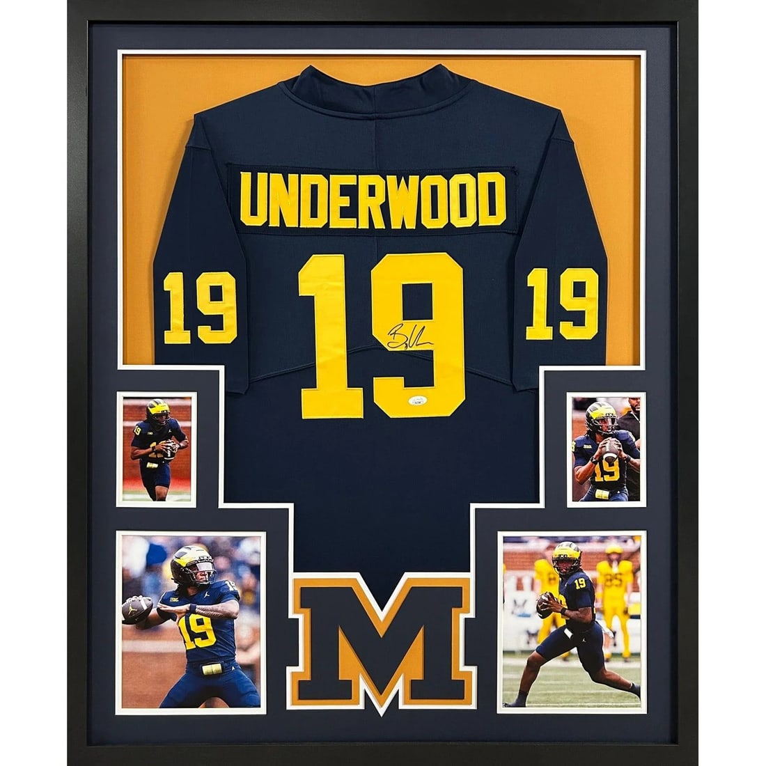 Bryce Underwood Signed Framed Jersey JSA Authenticated Michigan 4P: Bryce Underwood Signed Framed Jersey JSA Authenticated Michigan 4P This is an autographed framed jersey of Bryce Underwood, showcasing a detailed design and logo. Authenticated by JSA, it includes a t