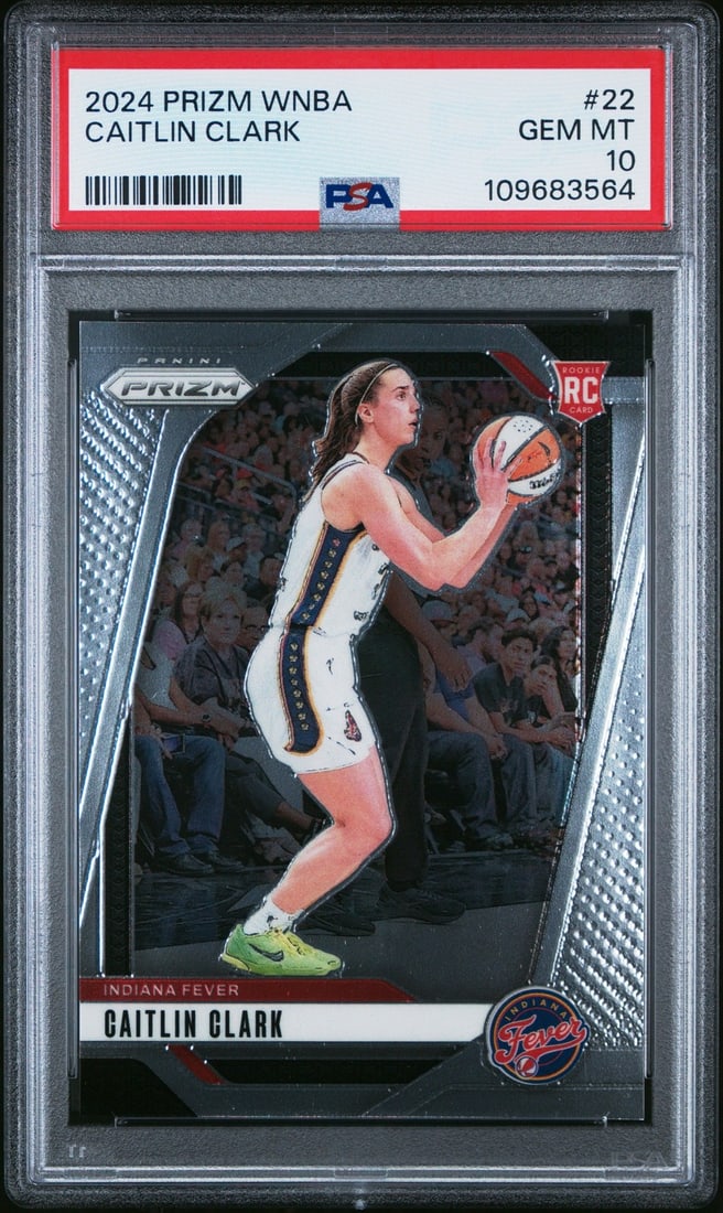 PSA 10 Caitlin Clark 2024 Panini Prizm WNBA Rookie Card #22: PSA 10 Caitlin Clark 2024 Panini Prizm WNBA Rookie Card #22 Graded 2024 Panini Prizm WNBA Caitlin Clark rookie basketball card, card number 22. This pre-owned sports trading card features a base desig