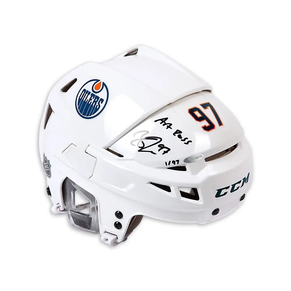 Upper Deck authenticated Connor McDavid signed CCM Oilers Art Ross helmet /97: Upper Deck authenticated Connor McDavid signed CCM Oilers Art Ross helmet /97 Original Connor McDavid autographed CCM Edmonton Oilers white helmet from the "Art Ross" limited edition series. Signed an