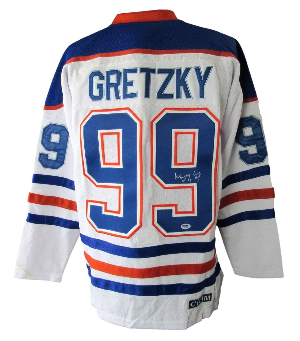 CCM Edmonton Oilers Hockey Jersey Size 52 Signed by Wayne Gretzky HOF PSA 699: CCM Edmonton Oilers Hockey Jersey Size 52 Signed by Wayne Gretzky HOF PSA 699 Pre-owned official CCM vintage Edmonton Oilers hockey jersey signed by Wayne Gretzky with HOF inscription. This original s