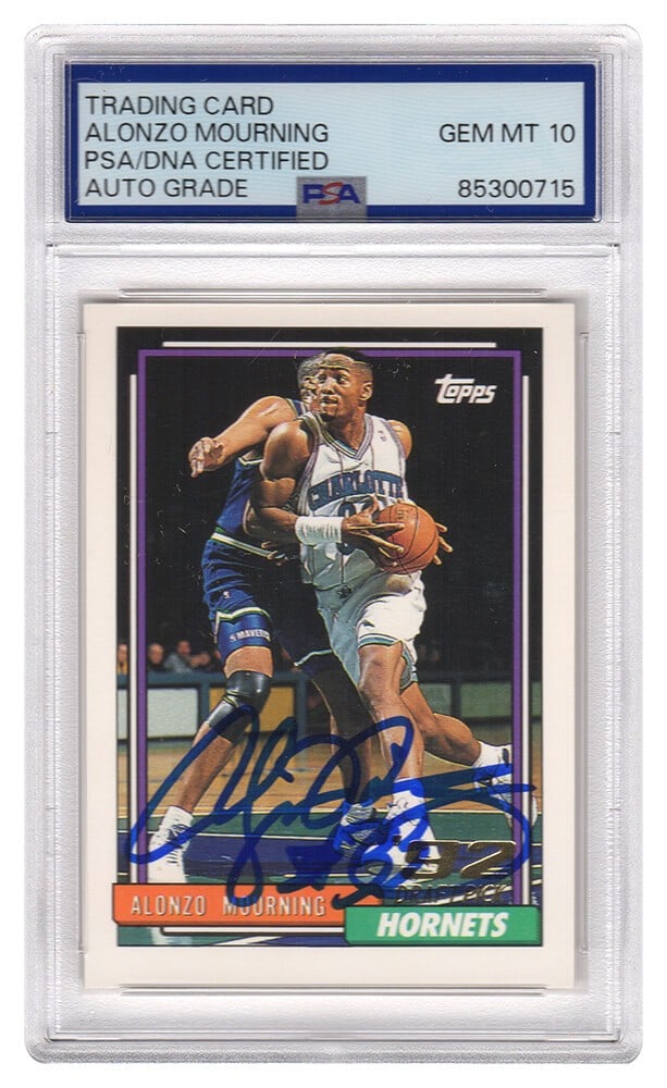 PSA Auto 10 Alonzo Mourning 1992-93 Topps #393 Hornets Rookie Card: PSA Auto 10 Alonzo Mourning 1992-93 Topps #393 Hornets Rookie Card Signed Alonzo Mourning 1992-93 Topps rookie card #393 featuring the Charlotte Hornets. PSA authenticated and encapsulated, with the a