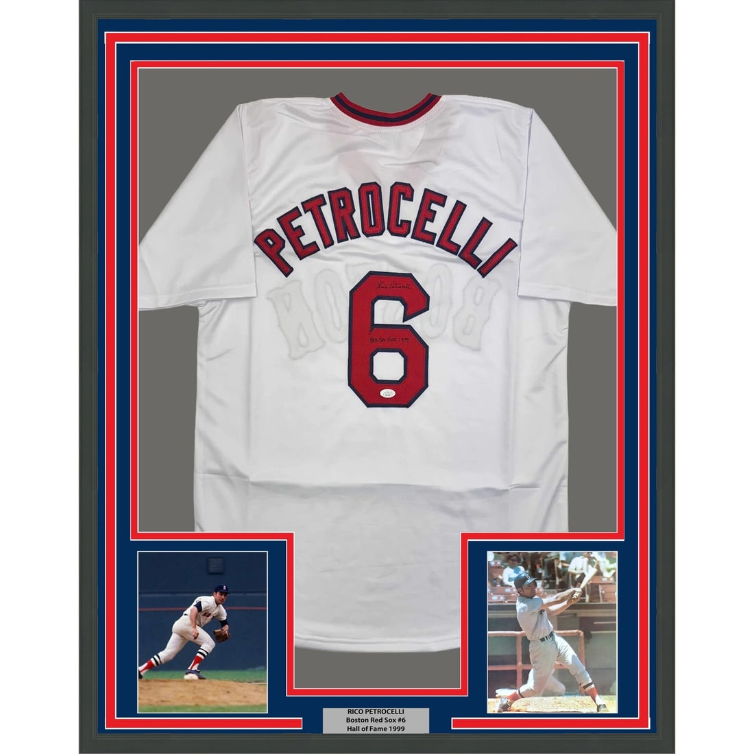 35x39 Framed Rico Petrocelli Signed Boston Red Sox Jersey JSA: 35x39 Framed Rico Petrocelli Signed Boston Red Sox Jersey JSA Professionally framed and matted signed Boston Red Sox white jersey featuring Rico Petrocelli. This original autographed display includes 