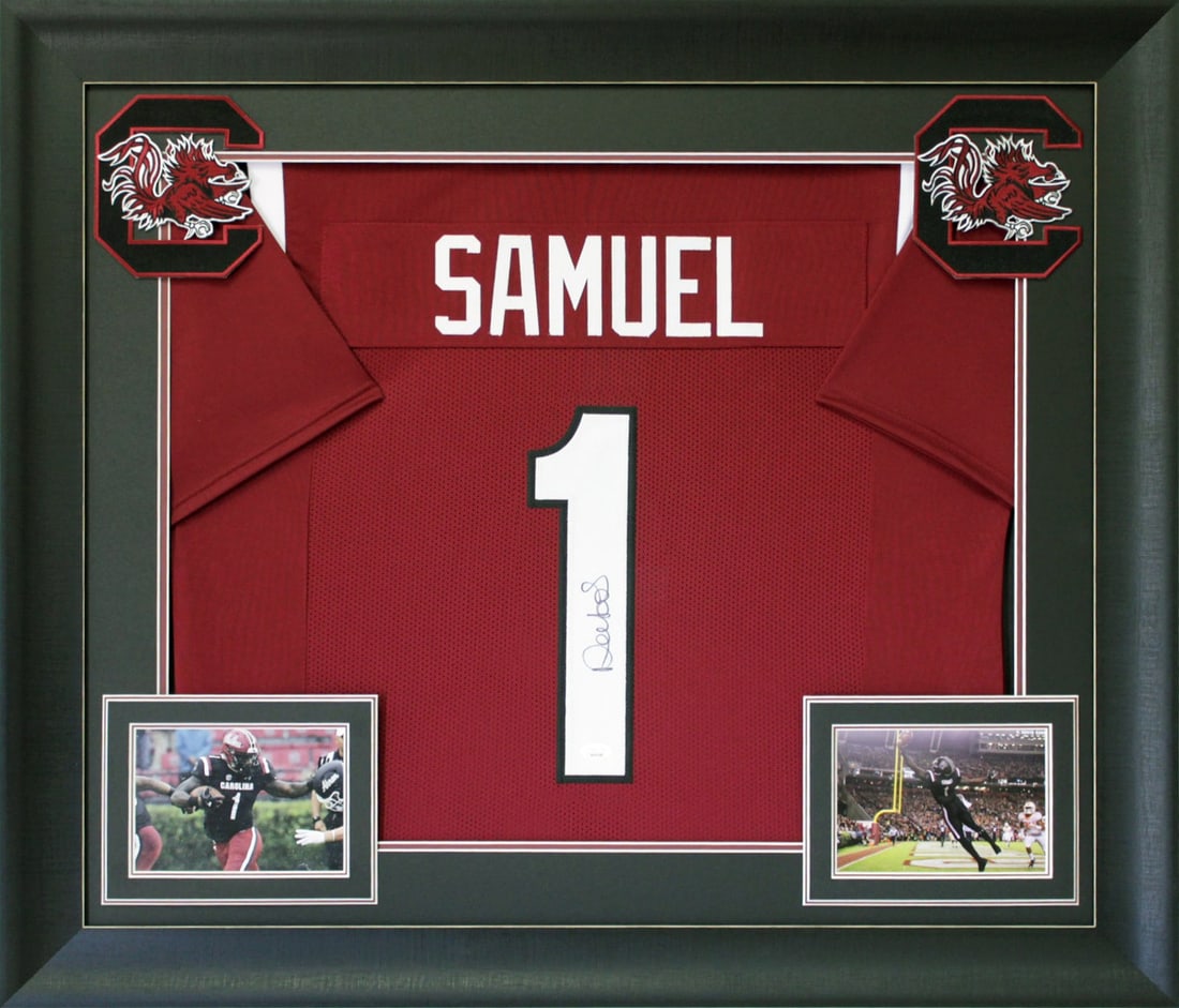 Deebo Samuel Signed Framed Maroon Football Jersey JSA Witness COA: Deebo Samuel Signed Framed Maroon Football Jersey JSA Witness COA Authentic signed maroon pro style framed jersey personally autographed by Deebo Samuel. Professionally framed and accompanied by JSA W