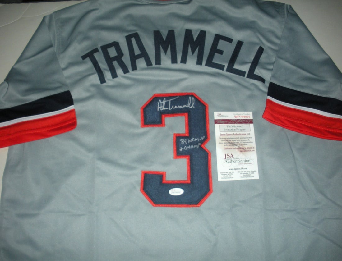 Alan Trammell Signed Detroit Tigers Jersey With JSA 1984 World Series MVP: Alan Trammell Signed Detroit Tigers Jersey With JSA 1984 World Series MVP This is a pre-owned Detroit Tigers jersey signed by Alan Trammell, commemorating the 1984 World Series Champions and MVP. The 