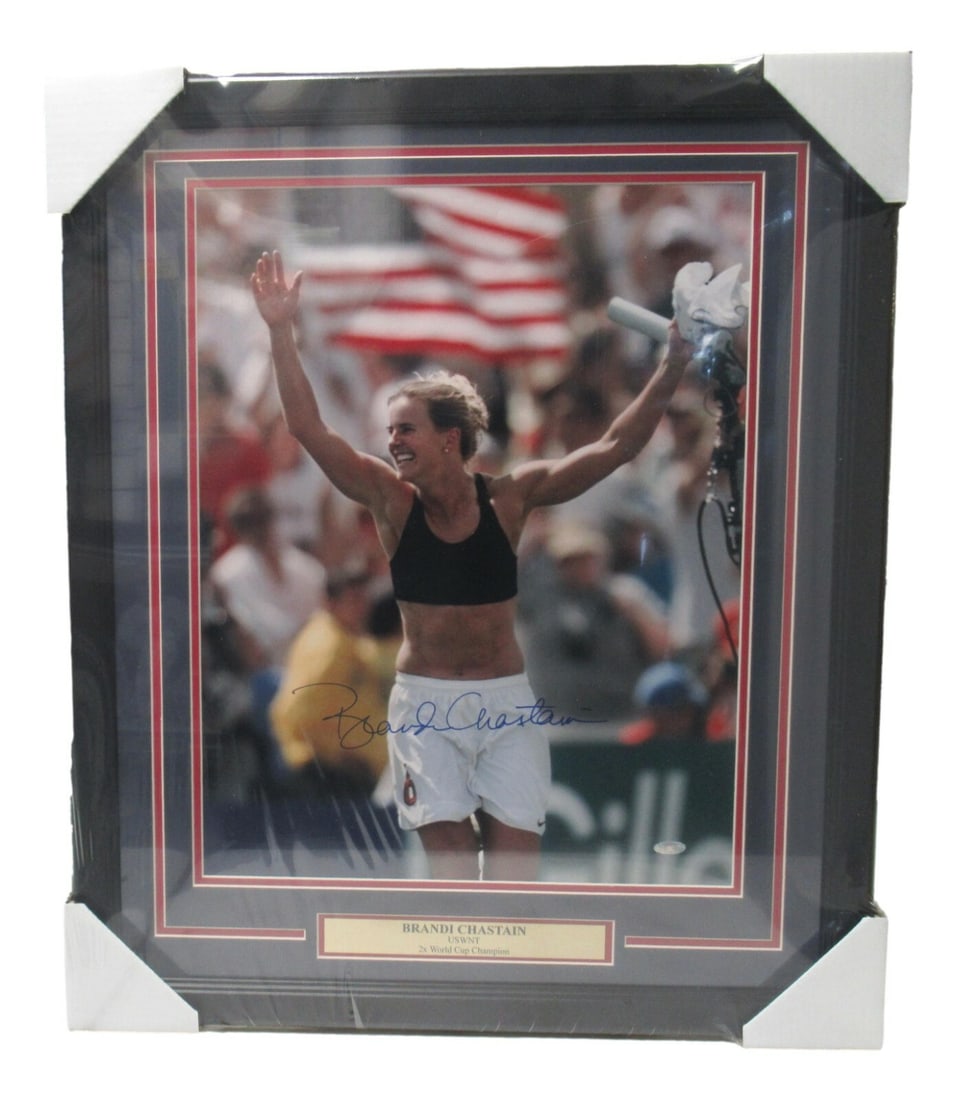 Framed 16x20 Brandi Chastain signed soccer photo: Framed 16x20 Brandi Chastain signed soccer photo This is a framed 16x20 photo featuring Brandi Chastain of the United States Women's National Soccer Team. The photo is hand-signed by Brandi Chastain a