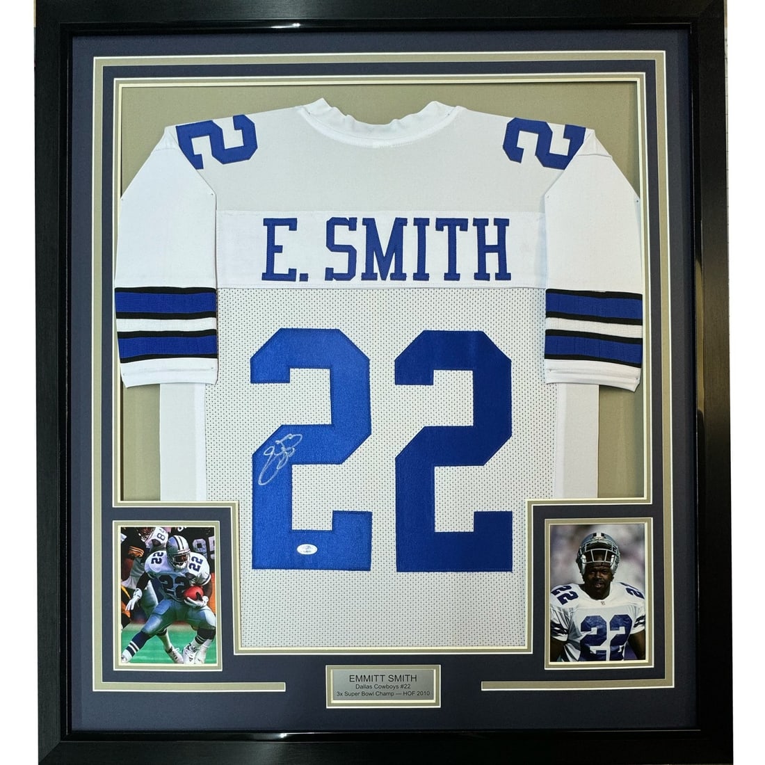 Emmitt Smith Signed Framed Dallas Cowboys White Jersey 35x39 JSA: Emmitt Smith Signed Framed Dallas Cowboys White Jersey 35x39 JSA Professionally framed and matted white Dallas Cowboys jersey signed by Emmitt Smith. This original autographed football display include