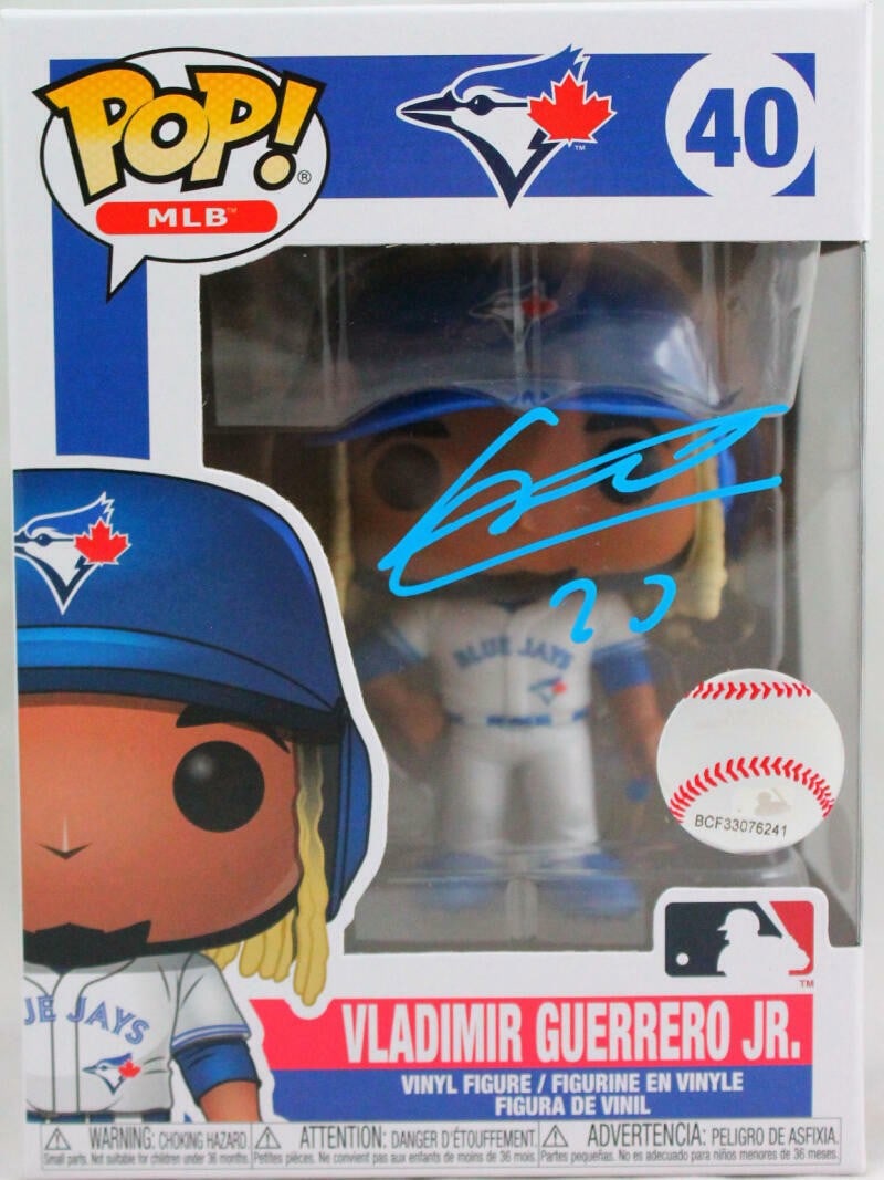 JSA Autographed Vladimir Guerrero Jr Funko Pop Figure #40 Blue: JSA Autographed Vladimir Guerrero Jr Funko Pop Figure #40 Blue Autographed Vladimir Guerrero Jr Funko Pop figurine, numbered #40, with JSA authentication. The figurine is blue and is listed in pre-own