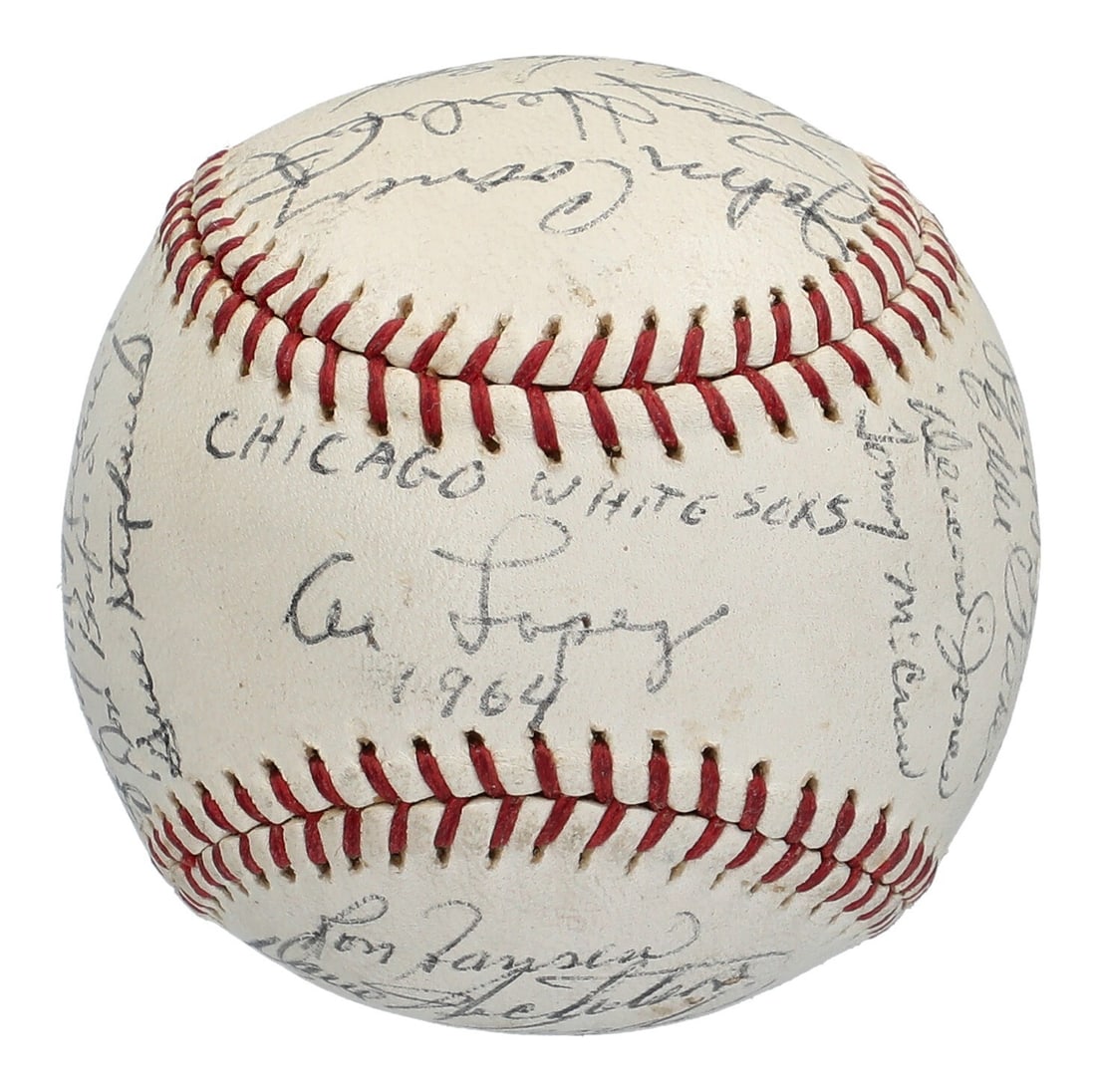 Official AL baseball signed by 1964 Chicago White Sox JSA LOA: Official AL baseball signed by 1964 Chicago White Sox JSA LOA Official American League Joseph Cronin baseball signed by 30 members of the 1964 Chicago White Sox. The sweet spot is inscribed "Chicago W