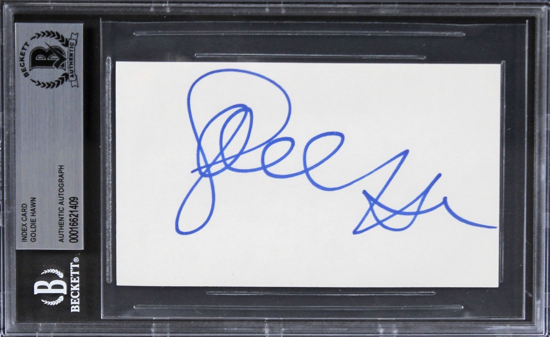 Goldie Hawn Signed 3x5 Index Card Beckett Authenticated Slabbed: Goldie Hawn Signed 3x5 Index Card Beckett Authenticated Slabbed Authentic original 3x5 index card personally signed by Goldie Hawn from Overboard. The autograph has been authenticated by Beckett Authe