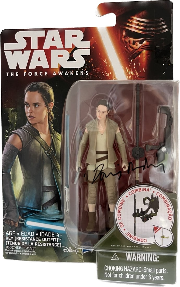 Rey Star Wars Force Awakens 3.75in Action Figure Signed by Daisy Ridley Beckett: Rey Star Wars Force Awakens 3.75in Action Figure Signed by Daisy Ridley Beckett This is an original Hasbro Star Wars: The Force Awakens Rey (Resistance Outfit) action figure from 2015, signed by Daisy