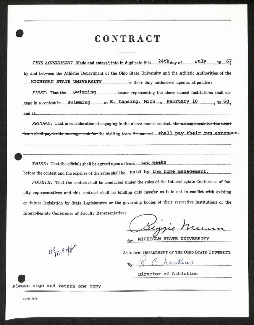 Signed Contract by Biggie Munn Michigan State Football Coach JSA Authenticated (1 of 2)
