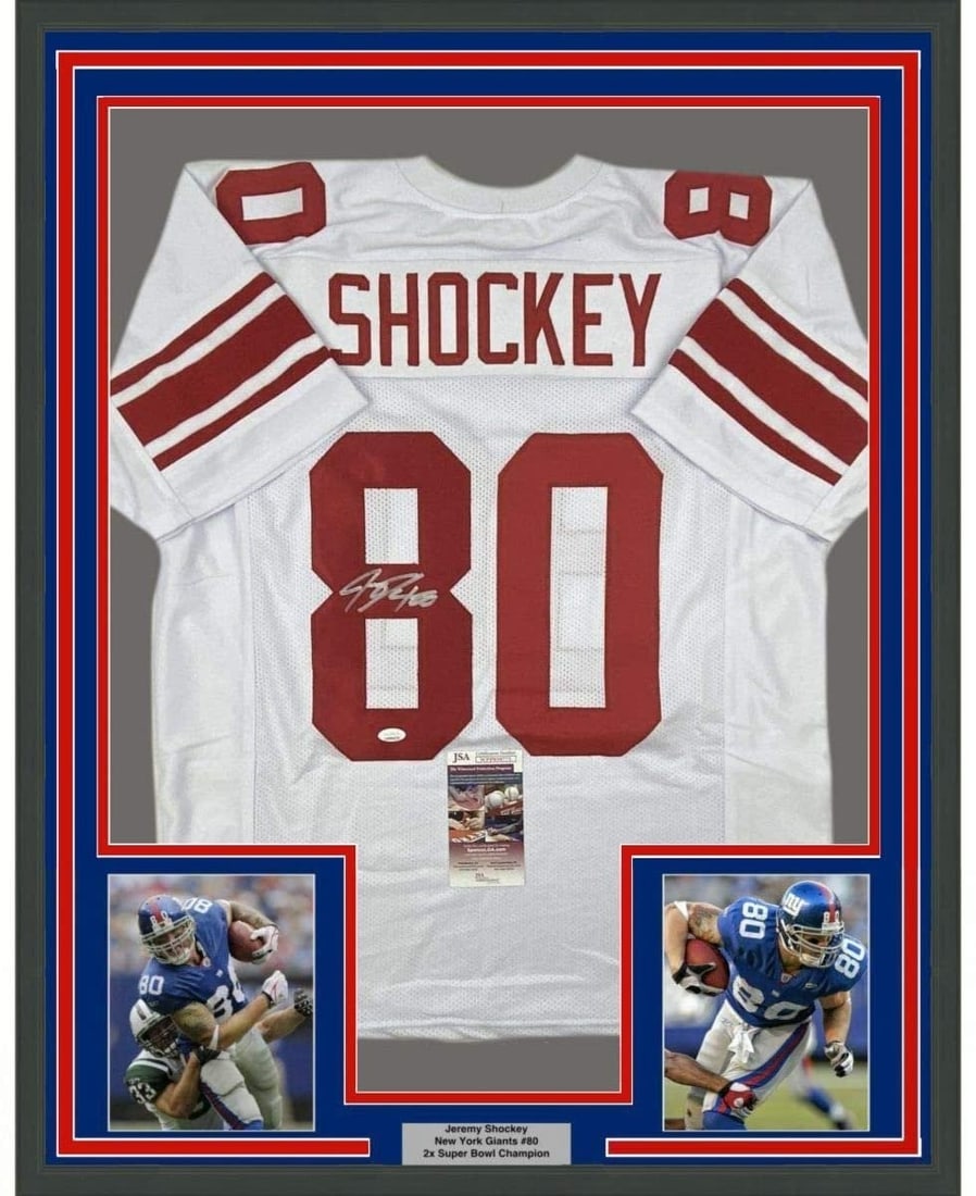 Framed Jeremy Shockey Signed New York Giants White Jersey JSA 35x39 (1 of 2)