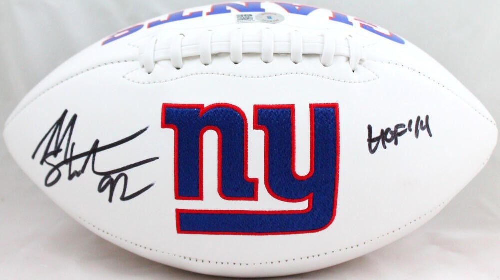 Beckett authenticated Michael Strahan signed Giants logo football HOF inscription: Beckett authenticated Michael Strahan signed Giants logo football HOF inscription This is an original autographed football featuring Michael Strahan and the New York Giants logo. It is a pre-owned col