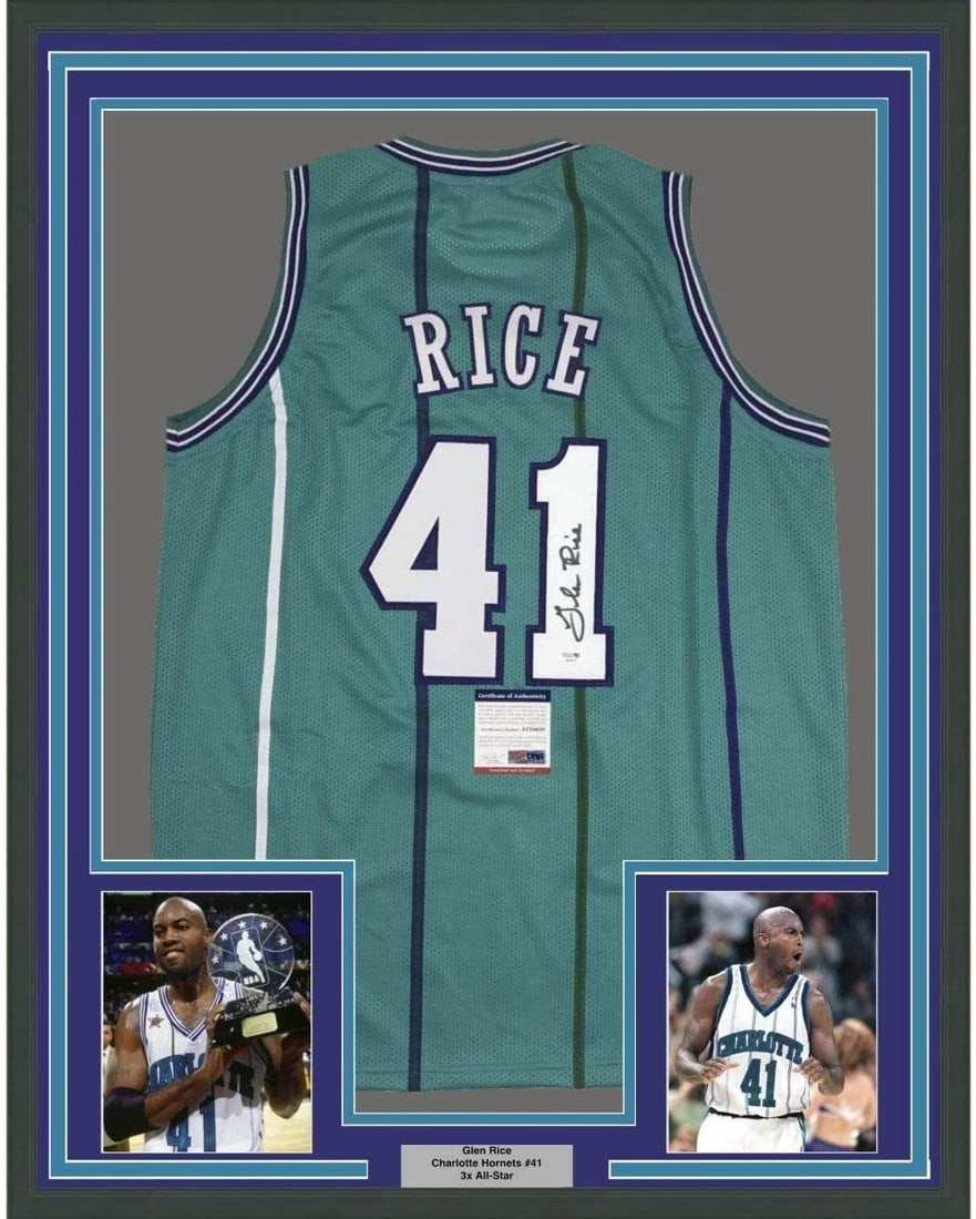 PSA authenticated framed Glen Rice Charlotte Hornets teal signed jersey 35x39 (1 of 2)