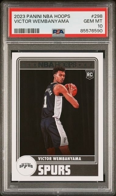 PSA 10 Victor Wembanyama 2023 Panini Hoops Rookie Card 298: PSA 10 Victor Wembanyama 2023 Panini Hoops Rookie Card 298 Graded 2023 Panini Hoops Victor Wembanyama #298 rookie sports trading card. This basketball card features Victor Wembanyama of the San Antoni
