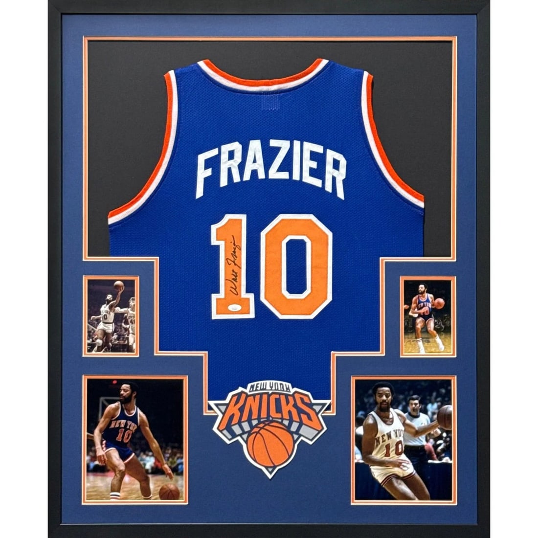Framed New York Knicks Jersey Signed by Walt Frazier Beckett Authenticated: Framed New York Knicks Jersey Signed by Walt Frazier Beckett Authenticated Pre-owned framed New York Knicks jersey signed by Walt Frazier. The piece is authenticated by Beckett and includes a tamper-p