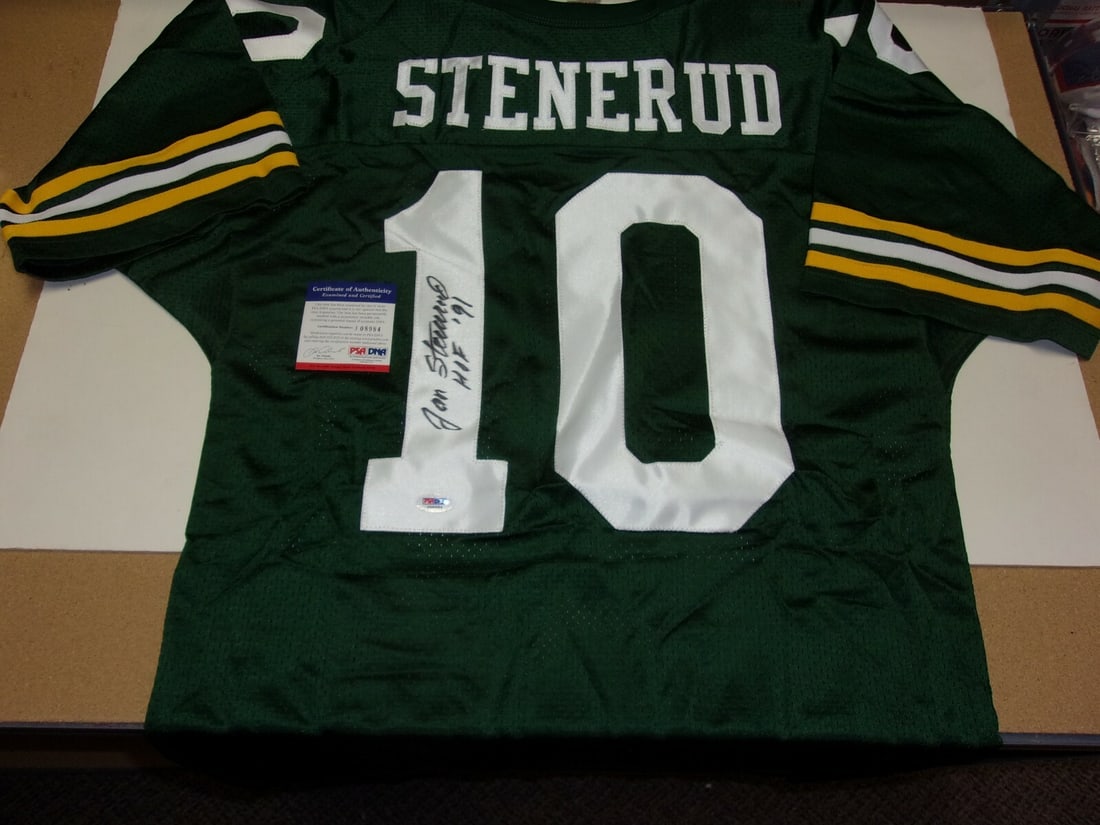 Jan Stenerud Autographed Russell Green Bay Packers Jersey With JSA Authentication: Jan Stenerud Autographed Russell Green Bay Packers Jersey With JSA Authentication This is a pre-owned official licensed Russell jersey signed by Jan Stenerud of the Green Bay Packers. The jersey is au