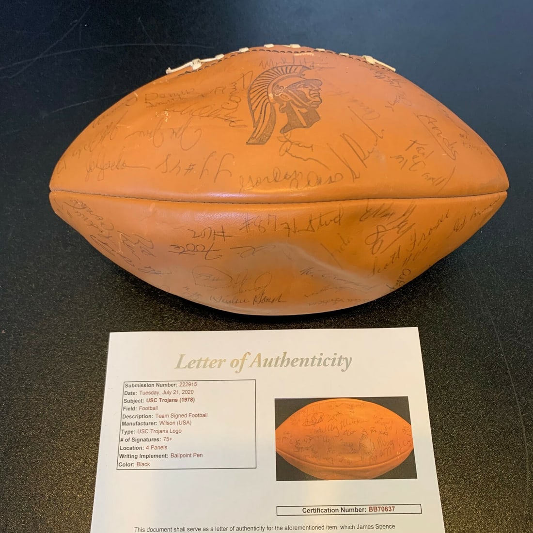 Wilson Game Football Signed by 1978 USC Trojans Team Over 75 Autographs JSA COA: Wilson Game Football Signed by 1978 USC Trojans Team Over 75 Autographs JSA COA This is a Wilson game model football team-signed by over 75 members of the 1978 USC Trojans football team. The ball come