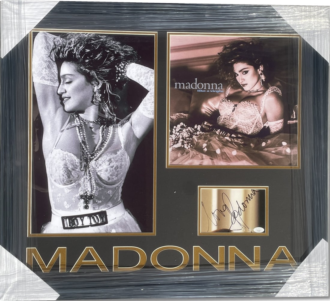 Custom Framed Madonna Signed Photograph 27x30 JSA Authenticated: Custom Framed Madonna Signed Photograph 27x30 JSA Authenticated Custom framed Madonna autographed cut display. This pre-owned piece is authenticated by James Spence (JSA) and features a signed cut pre