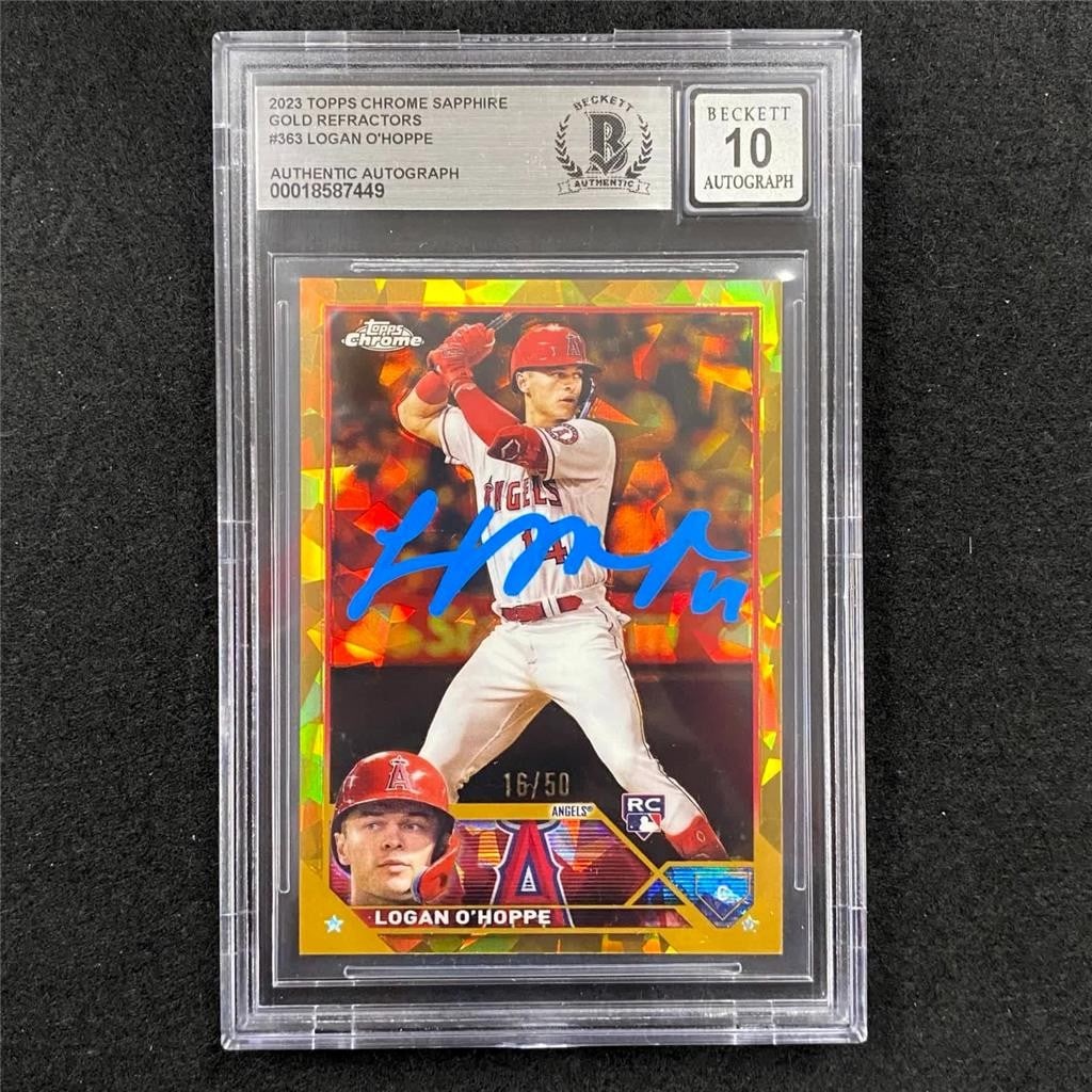 2023 Topps Chrome Logan O'Hoppe Rookie Auto Gold Refractor 50 BAS 10: 2023 Topps Chrome Logan O'Hoppe Rookie Auto Gold Refractor 50 BAS 10 2023 Topps Chrome Sapphire rookie sports trading card featuring Logan O'Hoppe of the Los Angeles Angels. This original card is hard