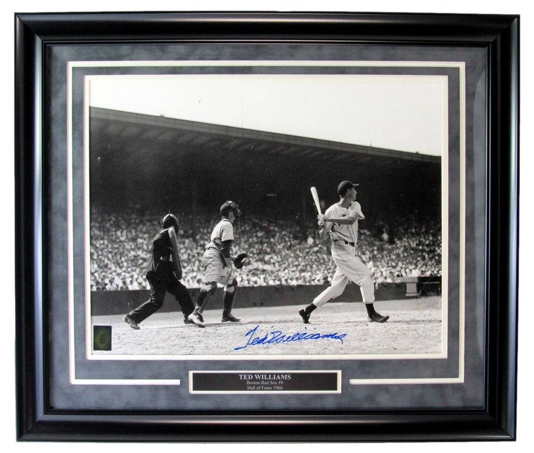 Framed 16x20 Ted Williams Autographed Red Sox Photo with Green Diamond Hologram: Framed 16x20 Ted Williams Autographed Red Sox Photo with Green Diamond Hologram Framed black and white 16x20 signed photo of Ted Williams with the Boston Red Sox. This original baseball collectible in