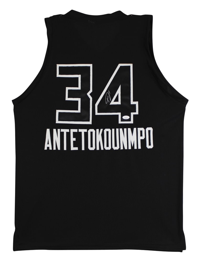 Giannis Antetokounmpo Signed Milwaukee Bucks Black Jersey JSA Certified: Giannis Antetokounmpo Signed Milwaukee Bucks Black Jersey JSA Certified This original black pro style jersey features black numbers and has been personally signed by Giannis Antetokounmpo of the Milwa