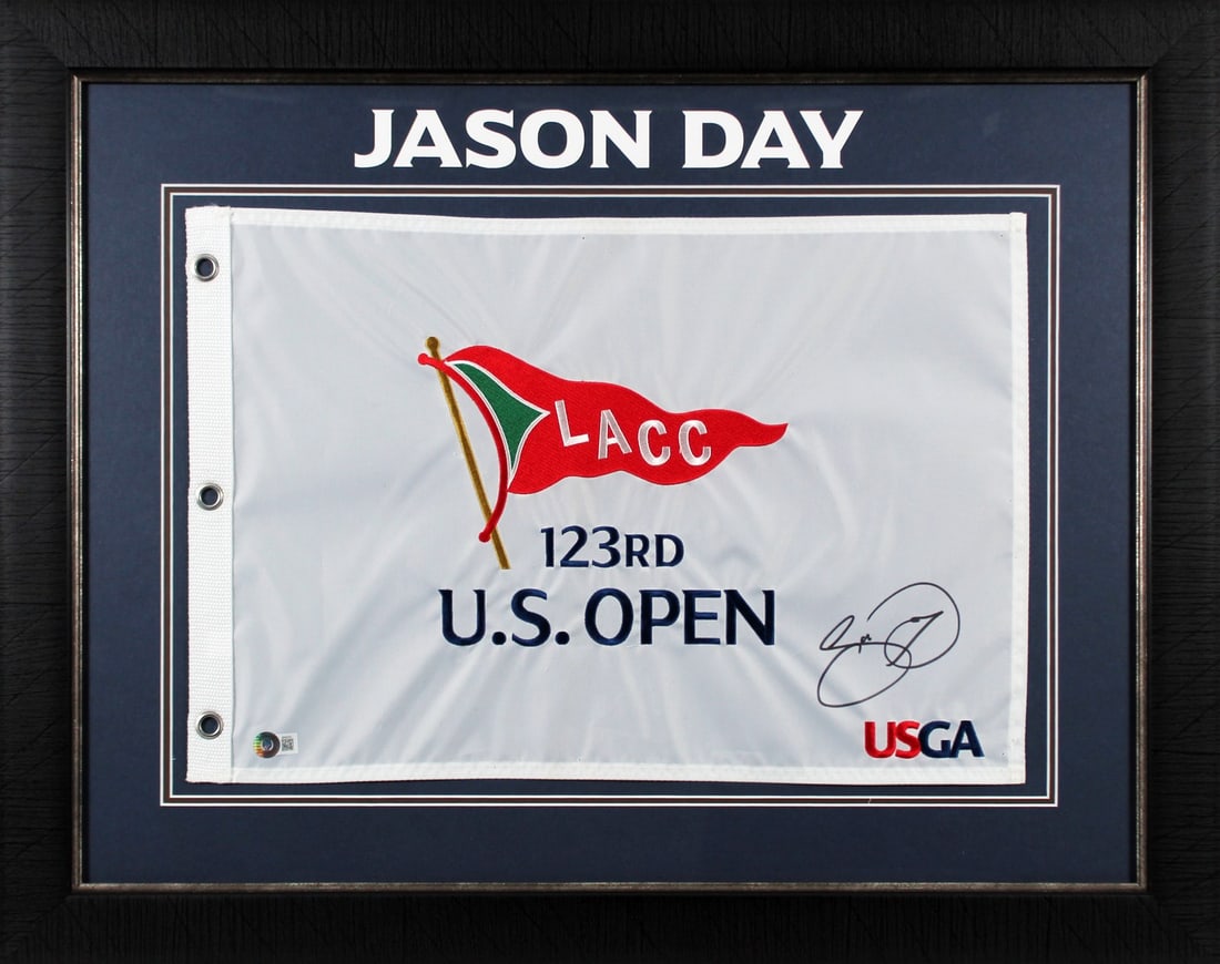 Framed 2023 LACC US Open Pin Flag Signed by Jason Day Beckett (1 of 2)