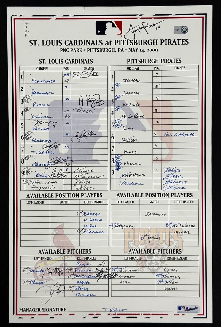 Beckett authenticated 2009 Cardinals dugout lineup card with 11 signatures (1 of 3)