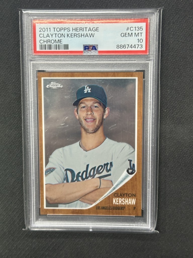 Clayton Kershaw 2011 Topps Heritage Chrome PSA 10 #C135 Baseball Card: Clayton Kershaw 2011 Topps Heritage Chrome PSA 10 #C135 Baseball Card This is a 2011 Topps Heritage Chrome baseball card featuring Clayton Kershaw, graded PSA 10, which signifies a gem mint