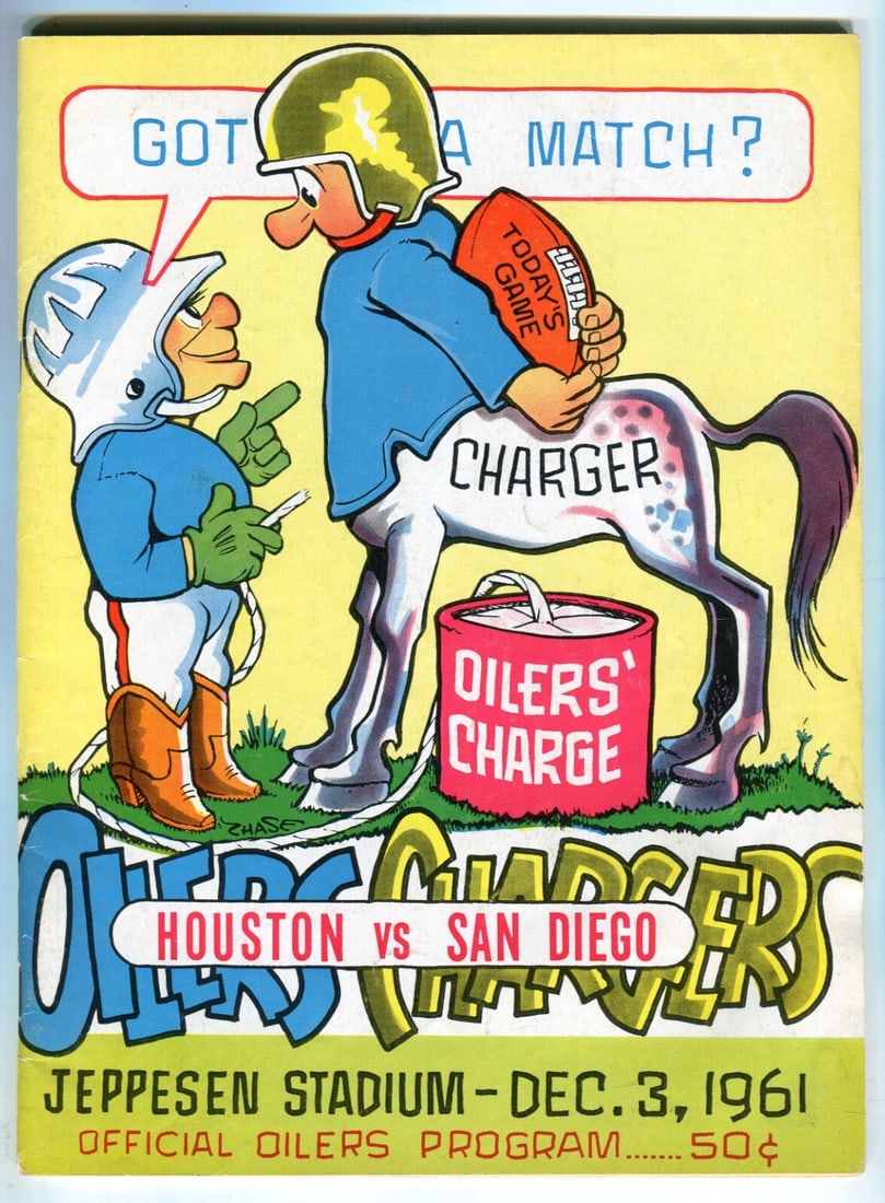 1961 AFL Program Houston Oilers vs Los Angeles Chargers Dec 3 Original: 1961 AFL Program Houston Oilers vs Los Angeles Chargers Dec 3 Original Original vintage AFL game program from the December 3, 1961 matchup between the Los Angeles Chargers and Houston Oilers. This off