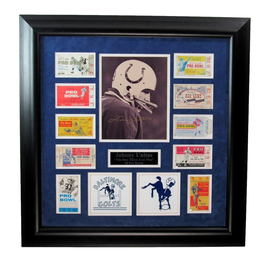 Johnny Unitas Signed Framed 8x10 Photo with Pro Bowl Tickets JSA: Johnny Unitas Signed Framed 8x10 Photo with Pro Bowl Tickets JSA This stunning piece features a signed 8x10 photo of Johnny Unitas, a Hall of Fame quarterback for the Baltimore Colts. The photo is bea