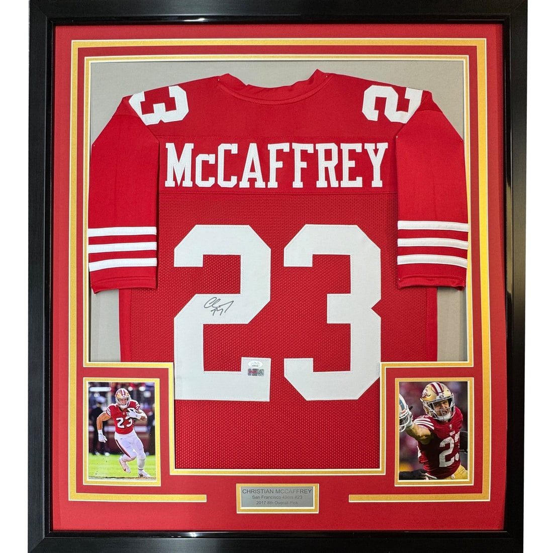 Christian McCaffrey Autographed Framed 35x39 Red 49ers Jersey Beckett COA: Christian McCaffrey Autographed Framed 35x39 Red 49ers Jersey Beckett COA Professionally framed signed Christian McCaffrey San Francisco 49ers red jersey display, matted with two 5x7 photos. This orig