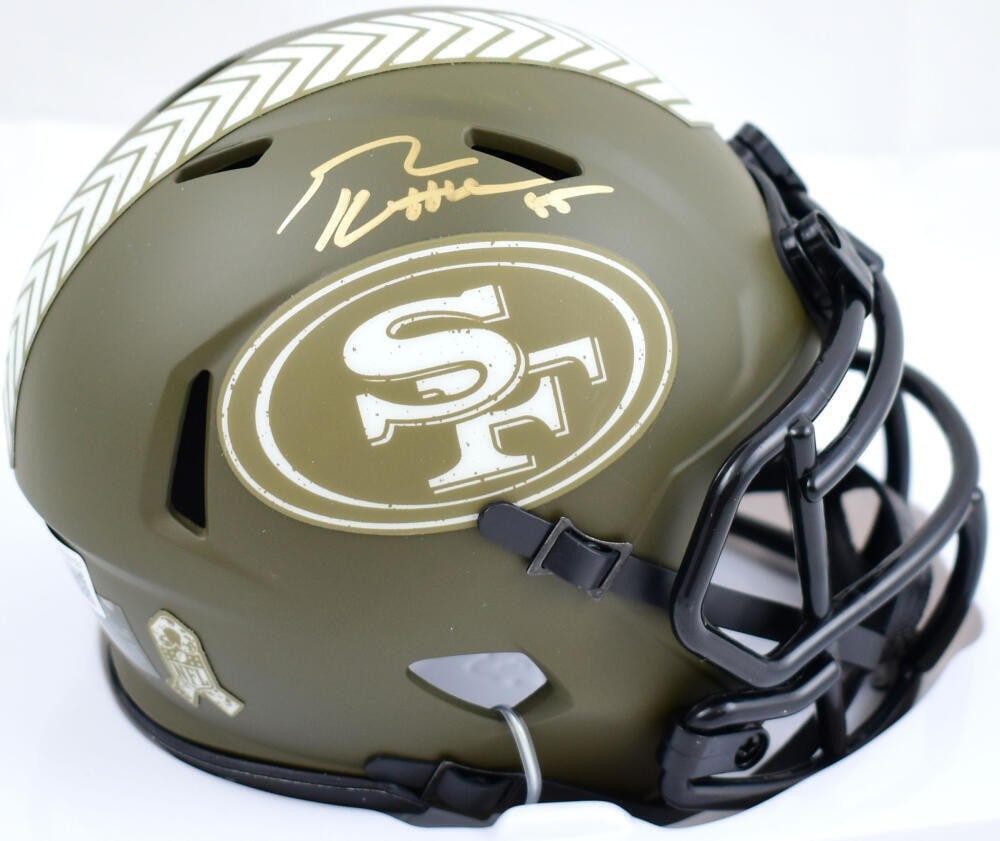 George Kittle autographed 49ers Salute to Service mini helmet BAS: George Kittle autographed 49ers Salute to Service mini helmet BAS Pre-owned San Francisco 49ers Salute to Service Speed mini helmet signed by George Kittle. This collectible piece includes Beckett aut
